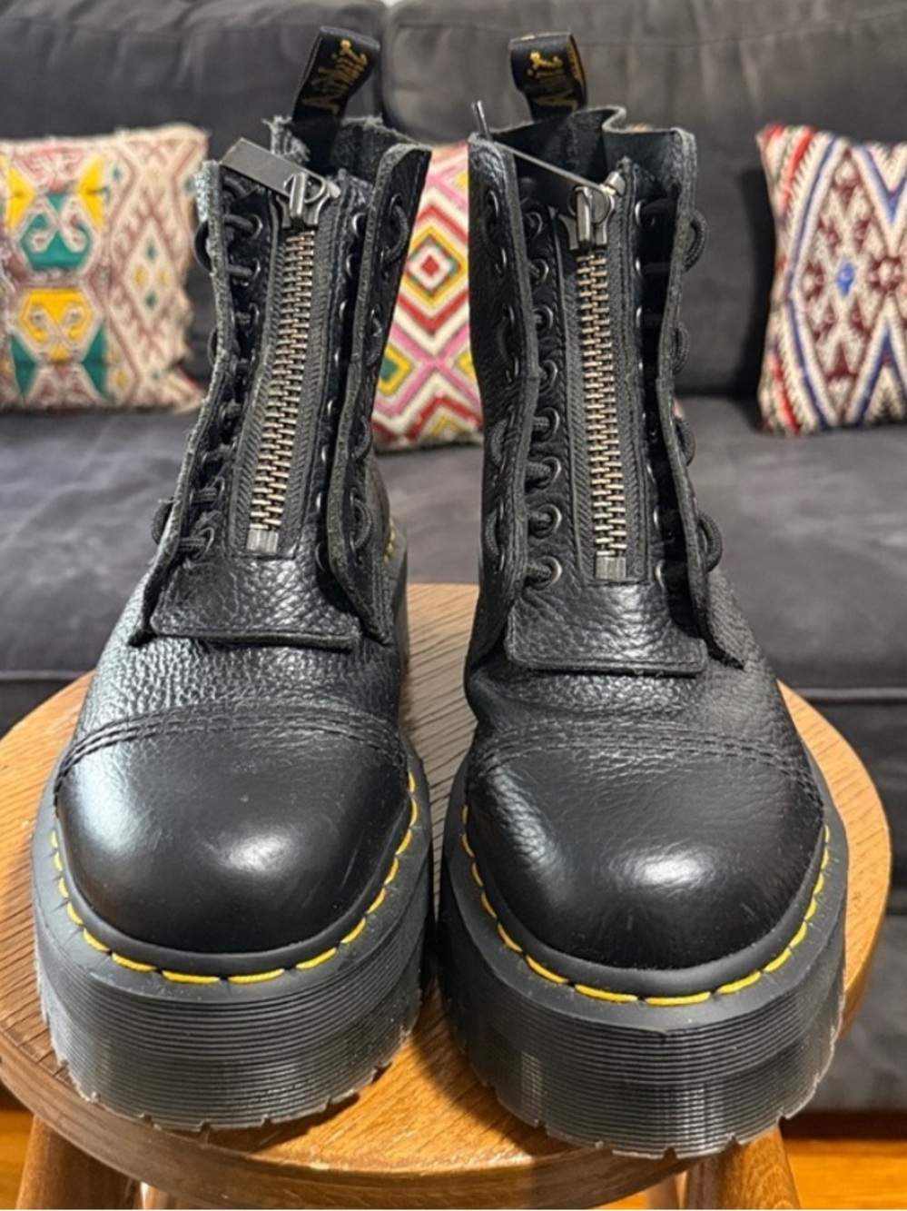 Dr. Martens Sinclair Black Leather Platform Combat Boots with Yellow Stitching